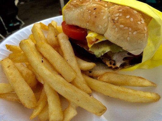 At annual festival/carnival, cheeseburger/fries combo $5.00. Not bad...