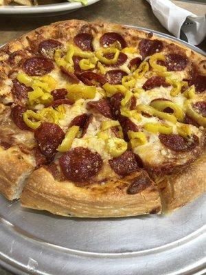 Pepperoni Banana Pepper Pizza.