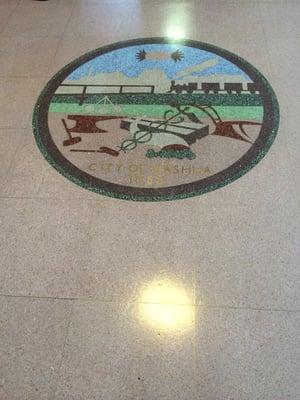 The mosaic "seal" in the lobby in city hall