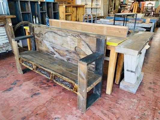 Custom made rustic repurposed benches and tables