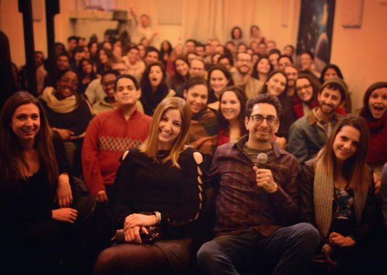 Comedian Gabe Pacheco chilling with the crowd at a comedy show