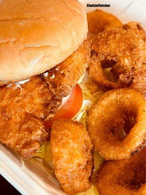 Fish sandwich with onion rings