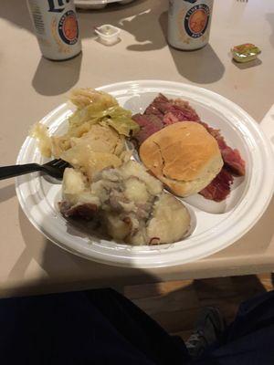 Corned beef, cabbage, boiled potatoes, biscuit for $8.50.  Delicious.   Open to public!