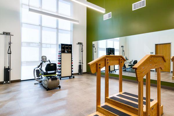 In our fitness studio, seniors can receive rehab therapies as well as have fitness plans designed for them to help their independence.