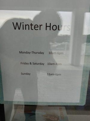 Winter Hours Mon-Thur 10am -6pm Fri-Sat  10am-8pm Sunday 11am-6pm