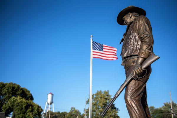 Outside of the John Wayne Birthplace and Museum in Winterset, Iowa.  Photo by Teddi Yaeger.