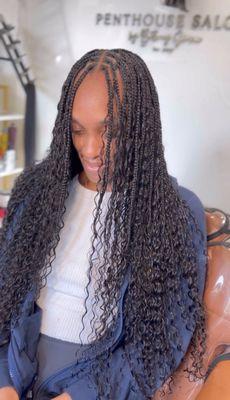 Smedium Knotless Braids with Human Hair bohemian curls and goddess ends