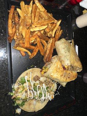 Fries, chicken burrito, chicken taco