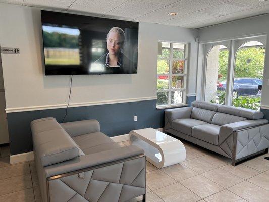 Waiting area with comfortable couches