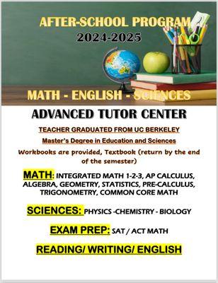 Tutoring classes of 2024-2025 are now opened.
please call us at 408-898-8429 for registration