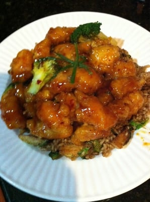 General tso with white meat chicken and brown rice.