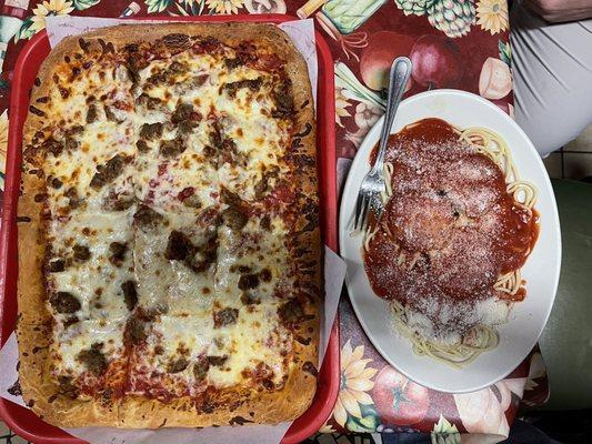 Half Sheet Meatball Pizza and Eggplant Parmesan