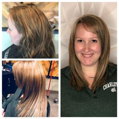 Color correction and Full head of Hand-tied Skinweft Extensions to get this lady back in her swing after a bad experience some where else.