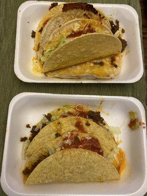 Top is soft and crunchy beef tacos (corn soft tortillas and corn hard shells) and bottom is hard shell beef tacos.