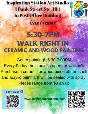 Friday Ceramic Painting-no registration-Walk in's 5:30-7:00PM.  Pick and Paint