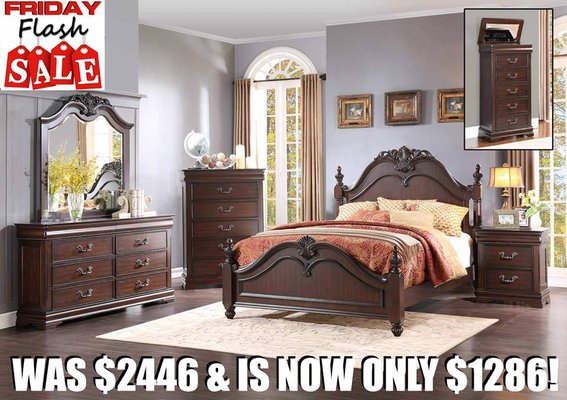 On Display in our showroom. Just reduces to $1,134.  for king bed, 1 night stand, dresser and mirror Limited quantities !