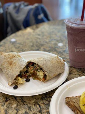 Breakfast burrito and very berry blast smoothie