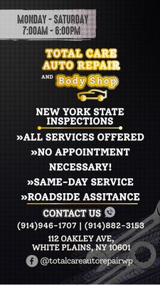 total care auto repair body shop white plains NY new york state inspections all services offered no appointment necessary same-day service