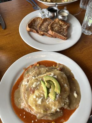 Huevos rancheros with green and red sauce.  Also tres leches french toast.