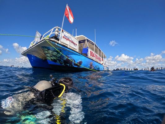 Making our way back to the boat ,following the line after the wreck dive