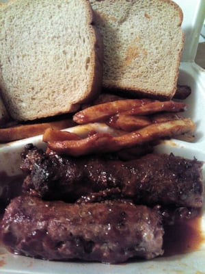 Turkey hot links,few fries,"wheat bread"