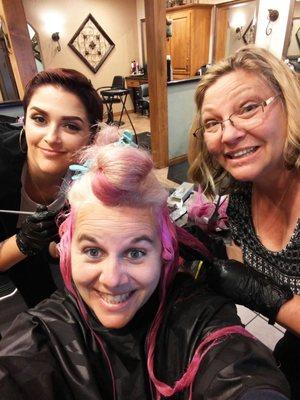 It takes a village to get all this hair pink! Luv these girls!