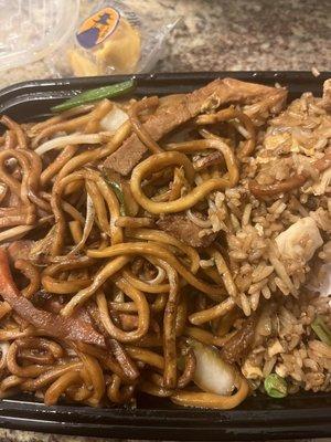 Pork lo mien with chicken fried rice