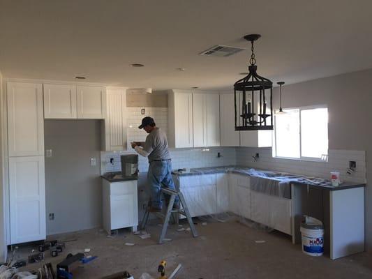 Custom New kitchen Installation with Quartz Countertops and white subway tile. JAN 2015 // Del Mar, CA