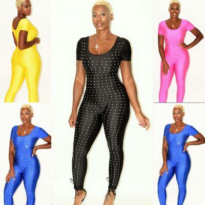 Rhinestone-jumpsuits in multiple colors.