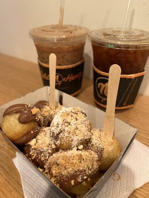 sweet loukoumades (great!), nutella cappuccino (so good), and iced latte (good)