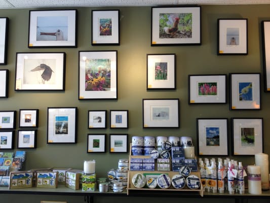 Vermont framed photos by store owner, Orah Moore.  Also show: Way Out Wax candles and Clean Air Spray