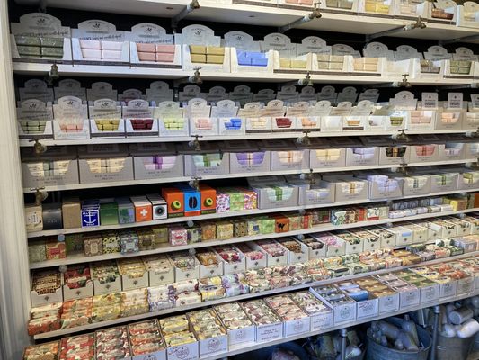 A perfectly displayed wall of bar soap.  Such great displays at this store.