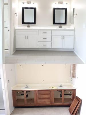 Full bath Reno- Vanities, sinks, Quartz Counters, Mirrors, Tile and Shower.  Carlsbad, CA // July 2015.