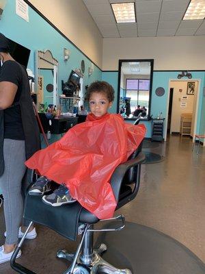 The little guy's 1st trip to the barbershop  in awhile.