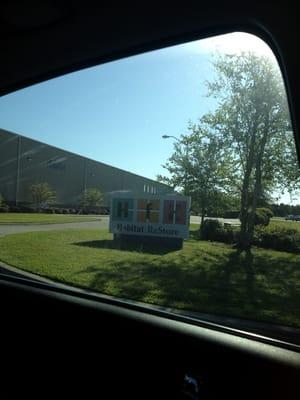 Road sign and building.