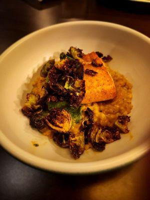 Salmon with risotto and brussels sprouts. Everything was great!.