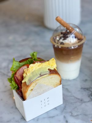 B.E.L.T Sandwich and Tiramisu Latte