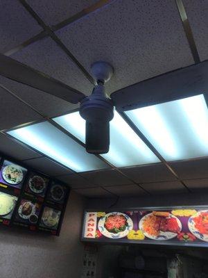 Filthy ceiling fan. That can't be good for cleanliness of the food.