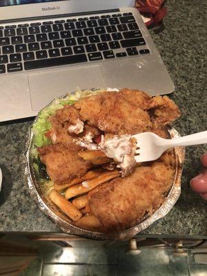 Fried salmon (verryyy little Cajun fries) and salad