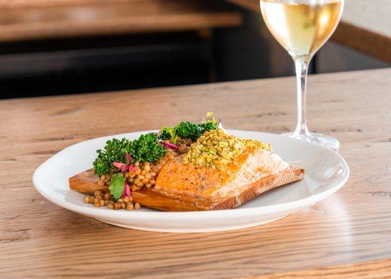 Cedar-plank roasted salmon from our dinner menu