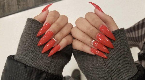 Nails. Red. Gel. Rhinestones.