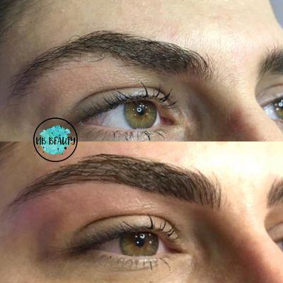 Before and after brow shaping and microblading