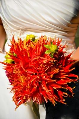 My bridal bouquet. Red and orange dahlias that I wrapped with ivory ribbon. So easy to make the night before! :)