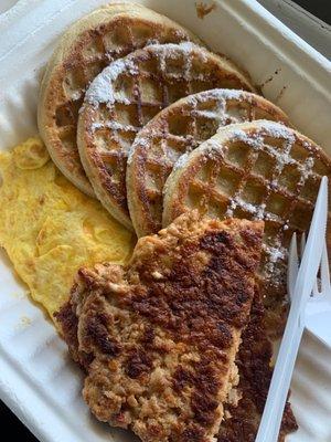 Breakfast platter: eggs w cheese, waffles, and homemade chicken sausage