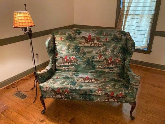 Matching settee, wing back chair, ottoman imported from London