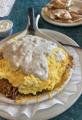 Fried chicken and biscuits skillet