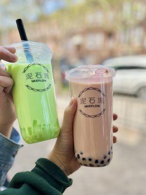 Large Honeydew Milk Tea ($4.75) - left; Large Rose Milk Tea ($4.65) - right; Tapioca is $0.50