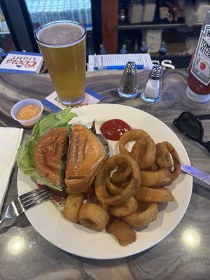 Colts Neck Pub's Bacon Blu Cheese Burger w/ Onion Rings.   Delish!