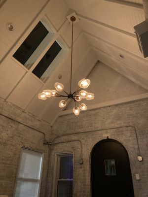 Chandelier installation with dimmer switch in vaulted ceiling