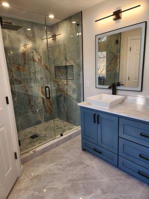 Custom Built vanity cabinet and walk in shower